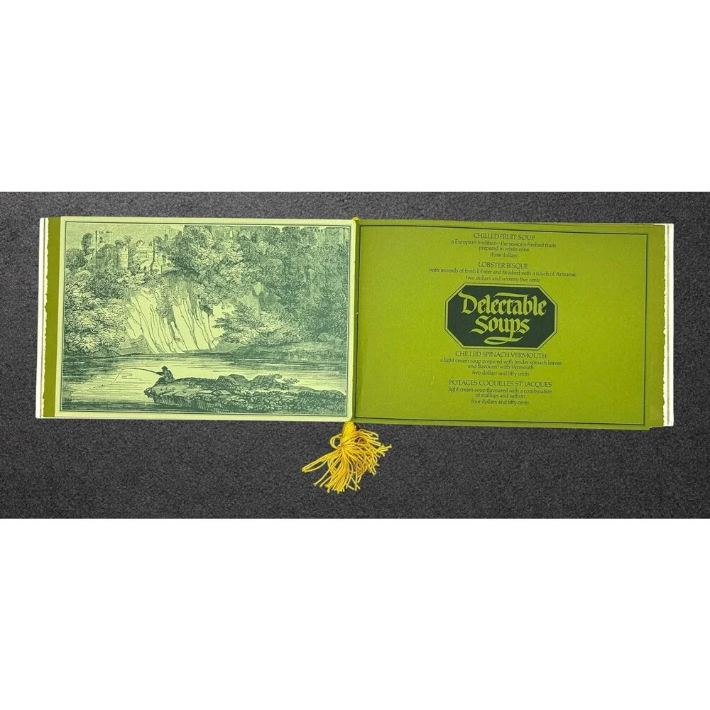Vtg Truffles Cafe Menu Booklet Illustrated Green French Cuisine Ephemera Tassel